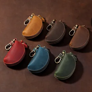 Vintage Crazy Horse Leder Auto Schlüsseletui Retro Top Grain Rindsleder Reißverschluss Schlüsselhalter Tragbare Schlüsselanhänger Tasche