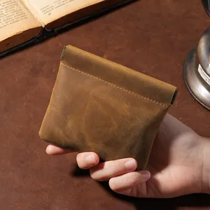 Vintage brown crazy horse leather mini coin purse with metal spring closure pouch