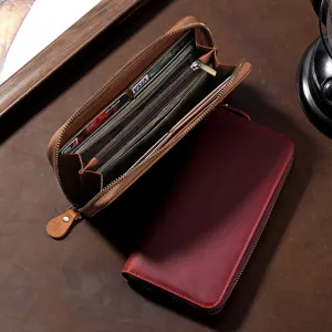 Vintage crazy horse leather long zipper wallet with large capacity for cards and phone