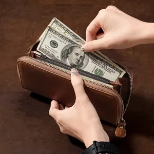 Premium large capacity brown crazy horse leather long wallet with zipper closure