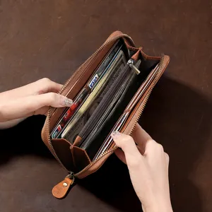 Large capacity brown crazy horse cowhide long wallet with multi-card slots and zipper
