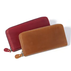 Vintage crazy horse cowhide long zip-around wallets for men and women in red and brown