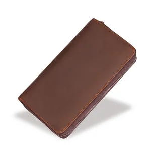 Klassische lange Herren-Geldbörse aus echtem Leder mit Reißverschluss in Vintage-Braun