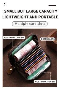 Detail showing multi-slot interior of leather card wallet with cash and license