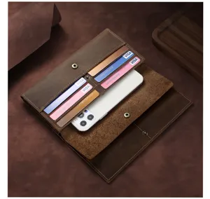Vintage crazy horse leather long wallet for men, multifunctional trifold design with card slots.