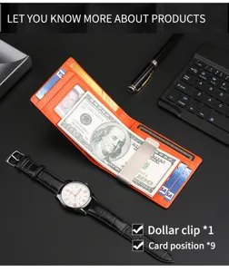 Vista detallada de una billetera de cuero naranja con clip para billetes y ranuras para tarjetas.