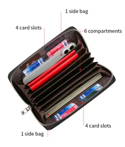 Dettaglio interno di un portafoglio lungo in pelle con scomparti per carte e banconote