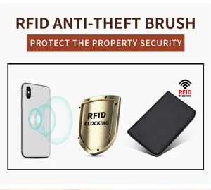 Grafica con portafoglio in pelle nera con protezione RFID, scudo e icona smartphone