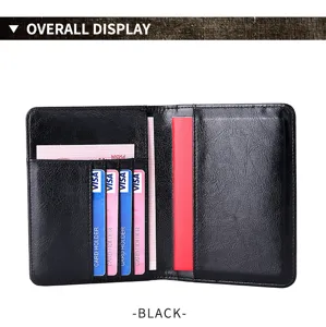Interior detail of black leather passport holder with RFID protection and card slots
