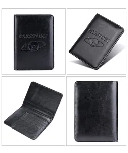 Multi-view of black genuine leather RFID passport holder with interior card slots