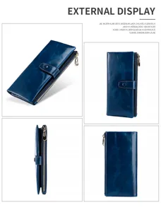 Detailansichten der blauen Damen-Lederbörse im Vintage-Stil aus vier verschiedenen Winkeln