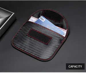 Close-up detail of RFID blocking carbon fiber pouch showing a credit card inside