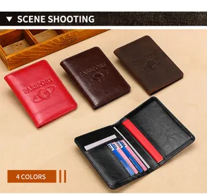 Premium crazy horse leather RFID passport holder in four colors with multiple card slots.