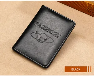 Detailed close-up of premium black leather passport cover with embossed globe pattern