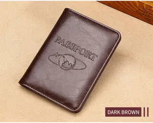 Detailed macro view of dark brown leather passport cover texture with embossed logo