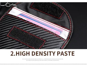 Close-up of carbon fiber car key pouch showing high density paste velcro and card slot.