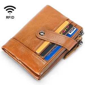 Premium men's genuine leather RFID wallet with double zipper in tan brown color