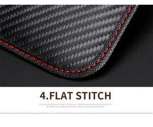 Close-up detail of flat red stitching on black carbon fiber RFID car key pouch