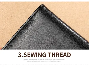 Close-up macro shot of precision sewing thread on a premium black genuine leather passport holder