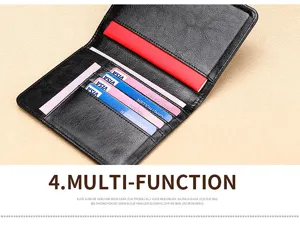 Detailed view of black leather passport holder with multiple card slots and red interior