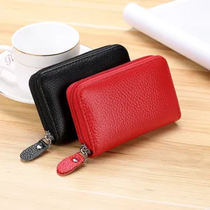 Cartera tarjetero de cuero genuino premium con grano de lichi y cierre de cremallera seguro
