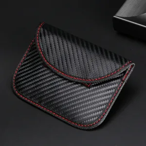 Carbon fiber RFID signal blocking car key pouch with red stitching anti-theft case