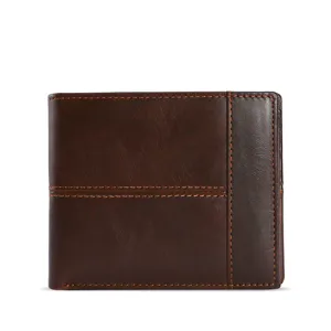 Klassisches braunes Herren-Bifold-Portemonnaie aus echtem Leder mit Ziernähten