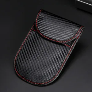 RFID signal blocking car key pouch with carbon fiber texture and red stitching detail