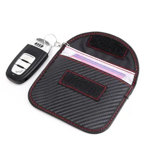 Carbon fiber RFID signal blocking car key pouch with red stitching and card holder