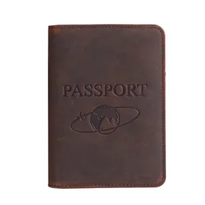 Vintage crazy horse leather passport holder with embossed globe design for travel