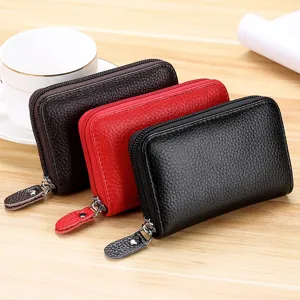 Cartera Tarjetero de Cuero Genuino para Mujer Hombre Patrón de Lichi Cuero de Vaca Cremallera Estilo Acordeón Estuche para Tarjetas de Crédito Organizador