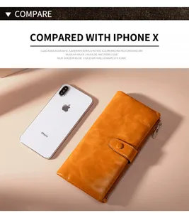 Vintage Damen Geldbörse aus echtem Leder im Vergleich zur exakten Größe des iPhone X