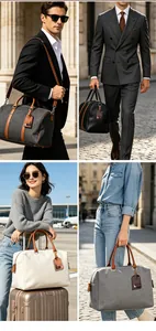 Leather luggage tags shown in use on premium travel bags across various lifestyle scenes