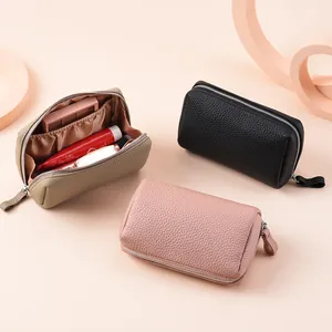 Bolsa de Cosméticos de Cuero de Vaca Genuino para Mujer Textura de Lichi Neceser de Maquillaje Estuche de Viaje con Cremallera Estilo Dulce