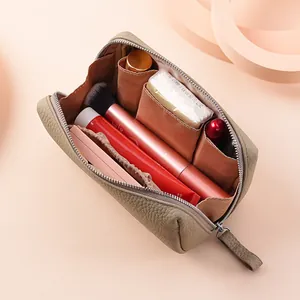 Neceser de maquillaje portátil de cuero auténtico con compartimentos