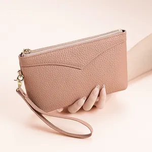 Damen Echtleder Clutch Handytasche Kopfschicht Rindsleder Litschimuster Große Kapazität Handgelenktasche Langer Geldbeutel