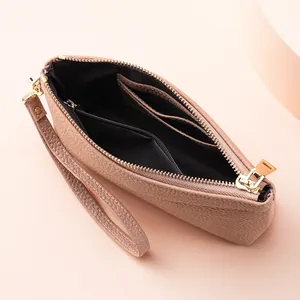 Elegante Leder-Handgelenktasche mit Litschimuster, Kartenfächern und Goldreißverschluss