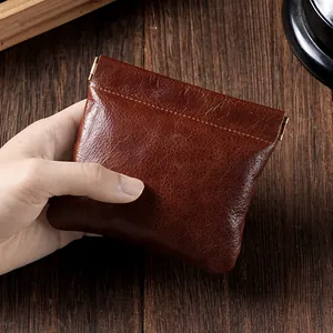 Porte-monnaie en Cuir Véritable Rétro Vintage Pochette à Bijoux en Cuir Ciré Fermeture Automatique Mini Portefeuille Homme Femme