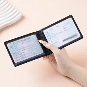 Black lychee leather driver license holder with clear ID windows slim bi-fold design