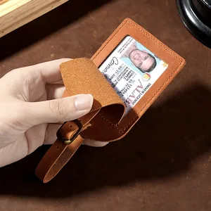 Durable crazy horse leather luggage tag with privacy flip cover and secure buckle