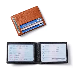 Genuine lychee leather driver license holder in brown and black multifunctional card slots
