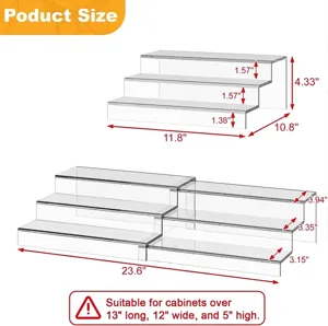 Detailed dimension guide for the expandable acrylic 3-tier spice rack organizer.