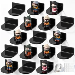 Black acrylic mini floating wall shelves for action figures, includes adhesive tape.