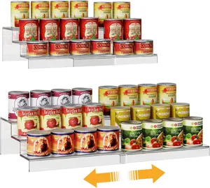 Detail view of tiered acrylic kitchen organizer shelf with expandable design for cans