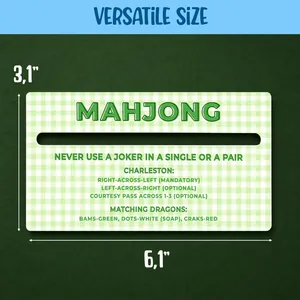Green checkered Mahjong rule finder card detail showing 3.1x6.1 inch dimensions