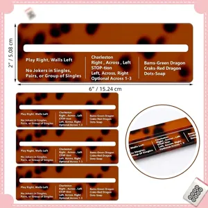 Detailed dimensions and game instructions for 4-piece tortoise shell acrylic Mahjong cards