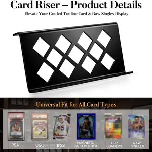 Detailed view of modular black trading card riser showing universal fit for graded cards