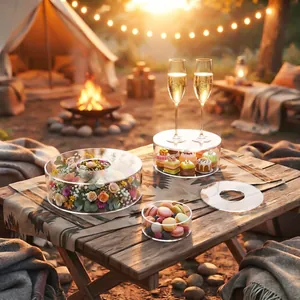 Fillable transparent acrylic cake stand with flowers and pastries in a camping scene