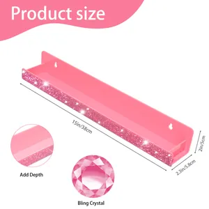 Detail of 15-inch pink acrylic nail polish rack with dimensions and crystal texture