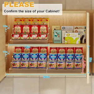 Expandable 3-tier acrylic organizer showing cabinet dimensions and canned food storage